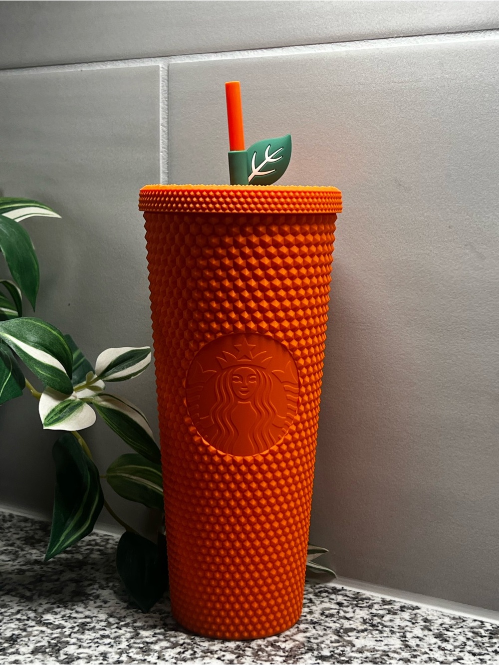 Starbucks Orange Studded Tumbler with Leaf Straw